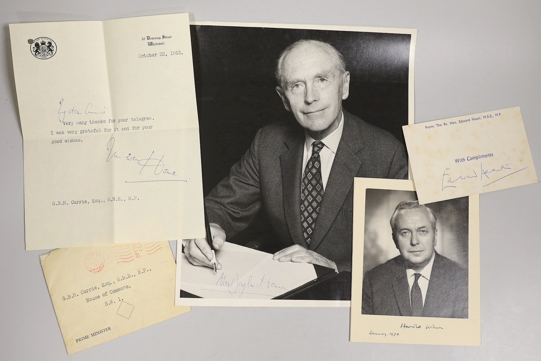 British Politics - Alec Douglas-Home signed photo and signed letter, Harold Wilson signed photo dated 1970 and With Compliments card signed by Edward Heath